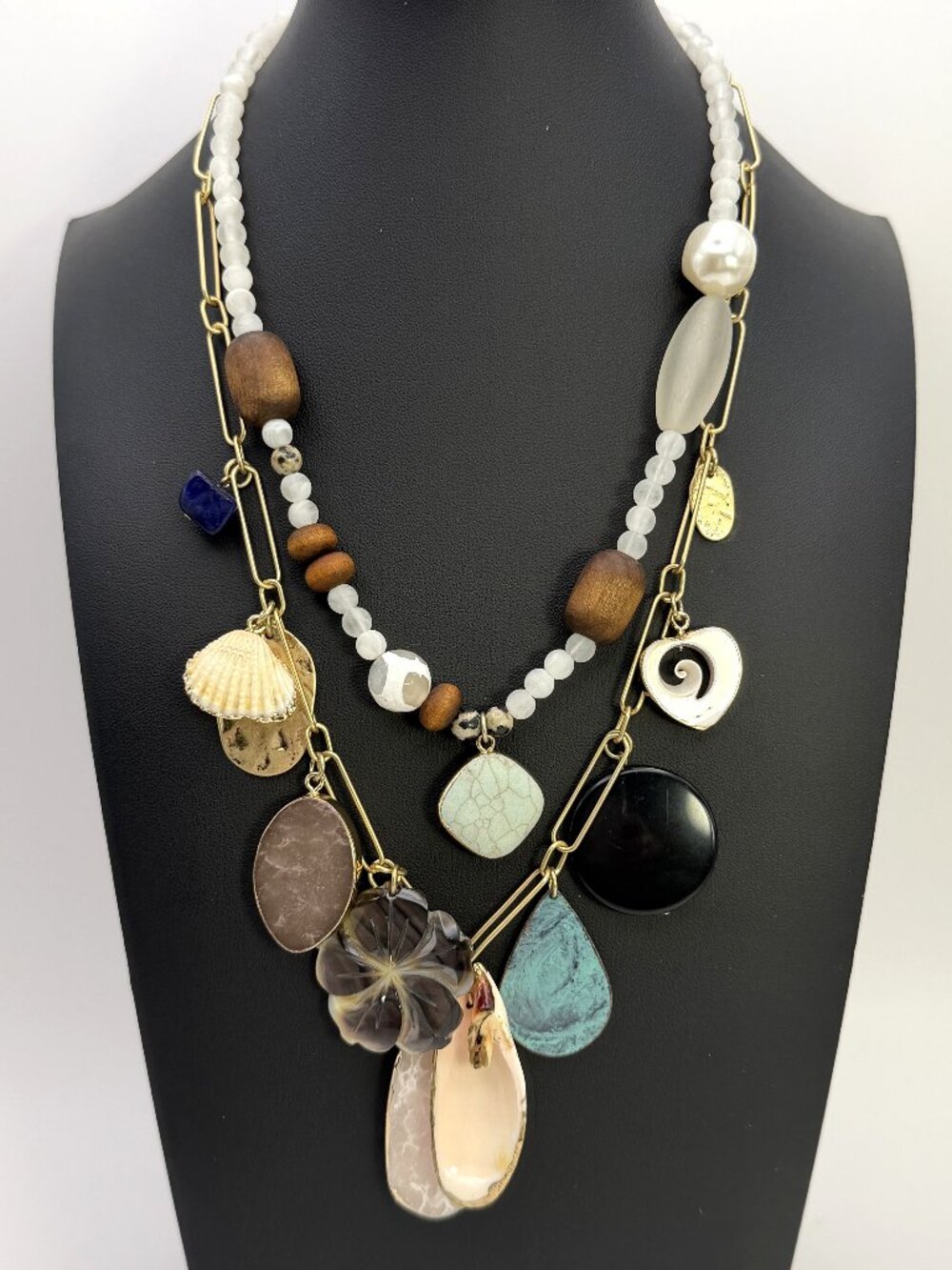 Boho Mixed Media Statement Necklace Multi Strand Shell Stone Charms